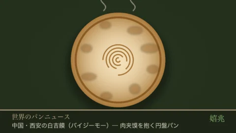 嬉兆オリジナル図版: 中国・西安の白吉饃（バイジーモー）。焼き紋のある円盤パンのイラスト