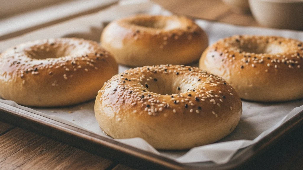 茹で上がってつやの出たベーグルを天板に並べたところ