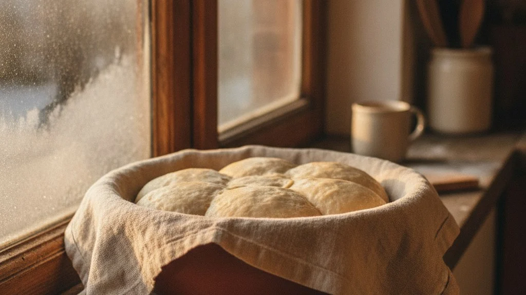 冬の窓辺、日の当たる暖かい場所で布をかけて発酵させる生地