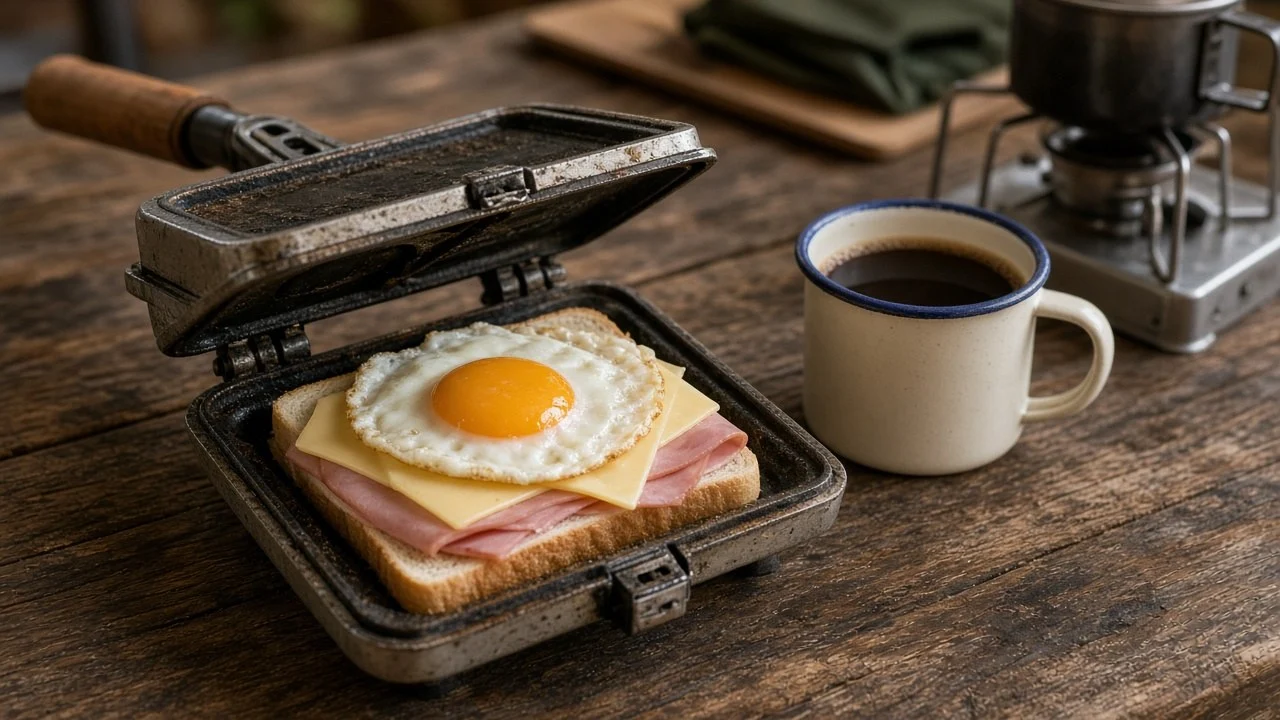 直火式ホットサンドメーカーに、食パンとハム、チーズ、卵を挟むところ