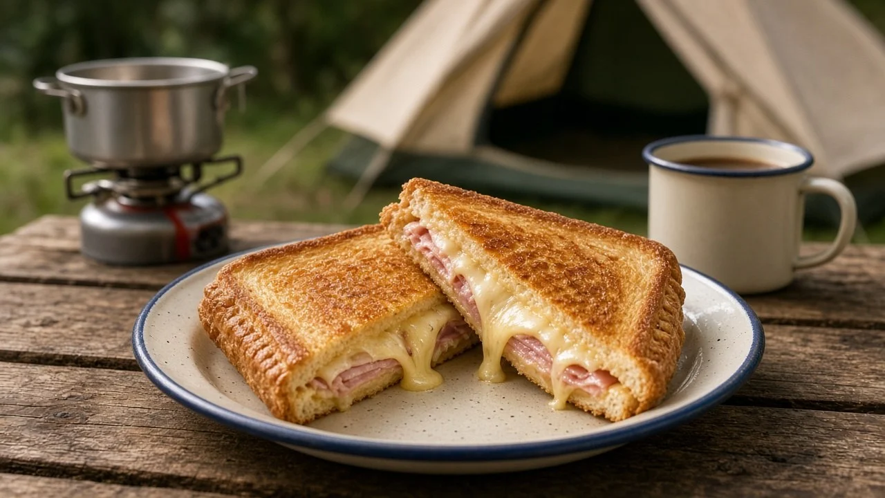 ふちが閉じて焼き上がり、断面からチーズがとろけ出すホットサンド