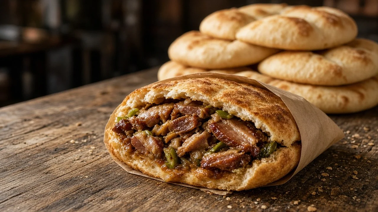 白吉饃に刻んだ煮豚を詰めた肉夹馍。肉汁がパンにしみ込んでいく