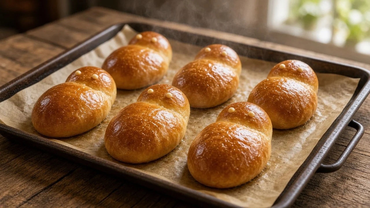 天板に並んだ焼きたてのグアグア・デ・パン6つ。丸い頭と楕円の胴の人形の形で、卵黄を塗った表面がつやつやと光り、まだ飾りをつけていない