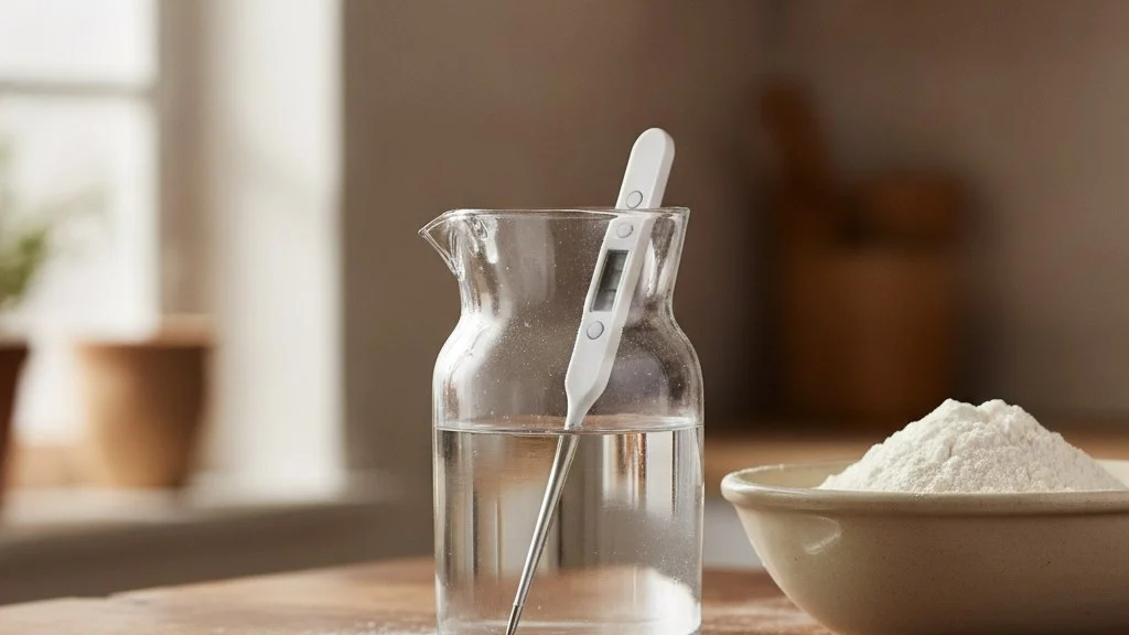 仕込み水の温度を測る温度計と粉。発酵はまず温度から