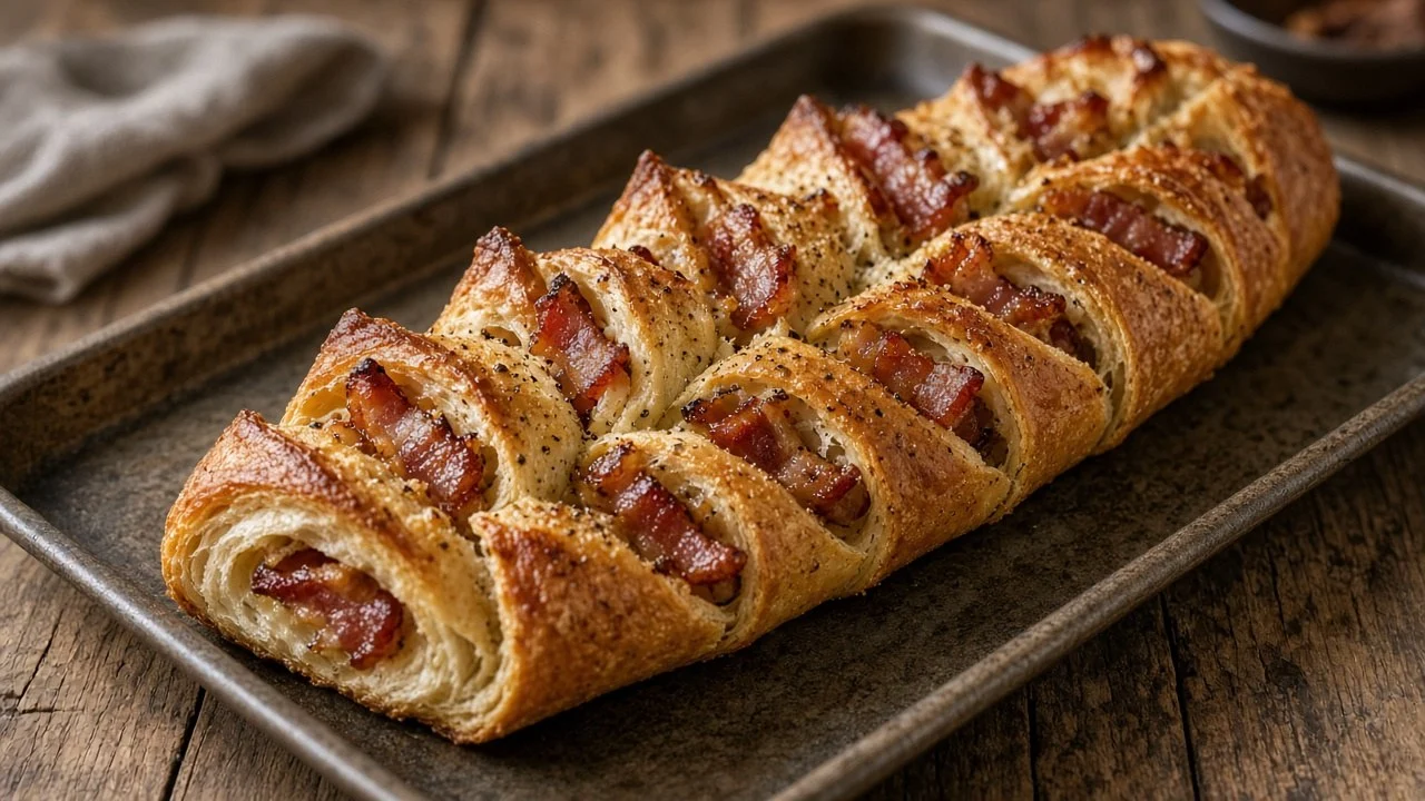 ベーコンを巻いて麦の穂の形に切り込みを入れた、焼きたてのベーコンエピ