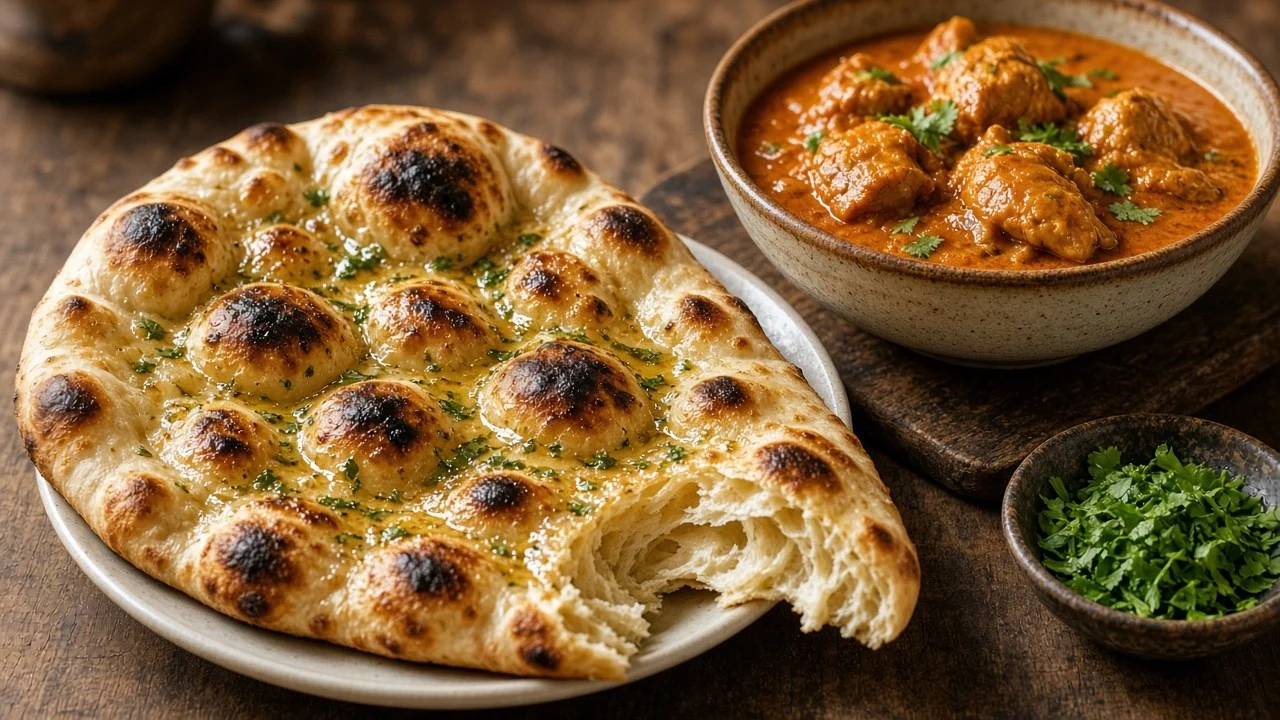 膨らみの頭にだけ焦げ目がつき、バターでつやを出したナンとカレー