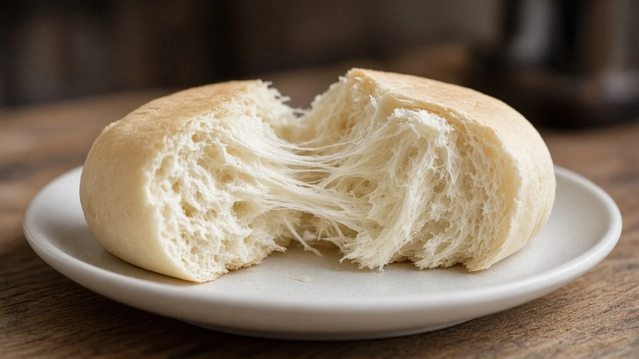 ちぎった生食パン風の食パン。耳までやわらかく、しっとりと糸を引く