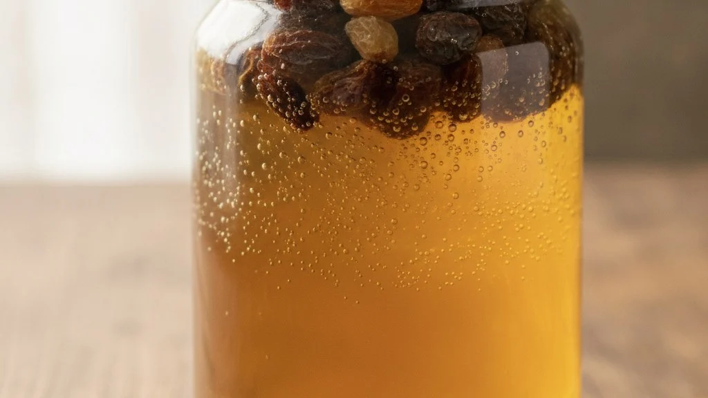 レーズン酵母液の瓶。細かい泡が上がっている