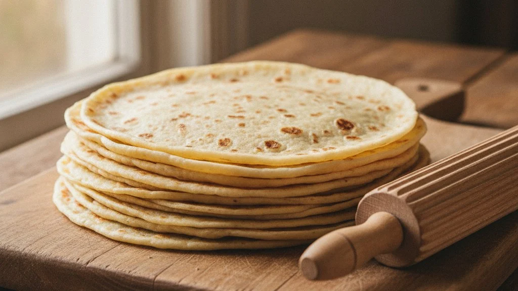 四つ折りにして重ねたノルウェーのレフセと、溝のあるめん棒