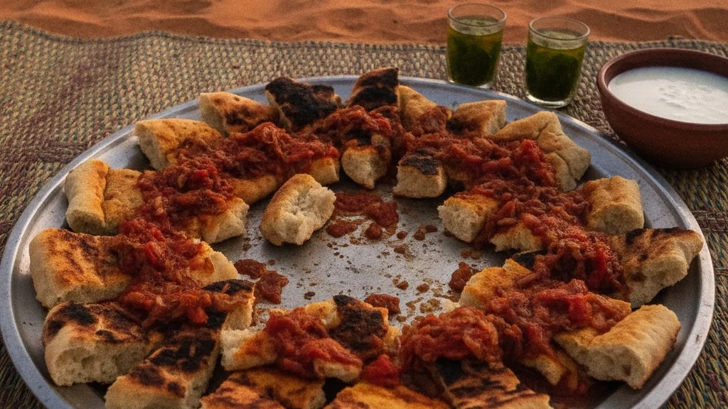 手で小さく割ったタゲラにトマトと玉ねぎのソースをかけ、緑茶とヤギの乳を添えた砂漠の食卓(イメージ)