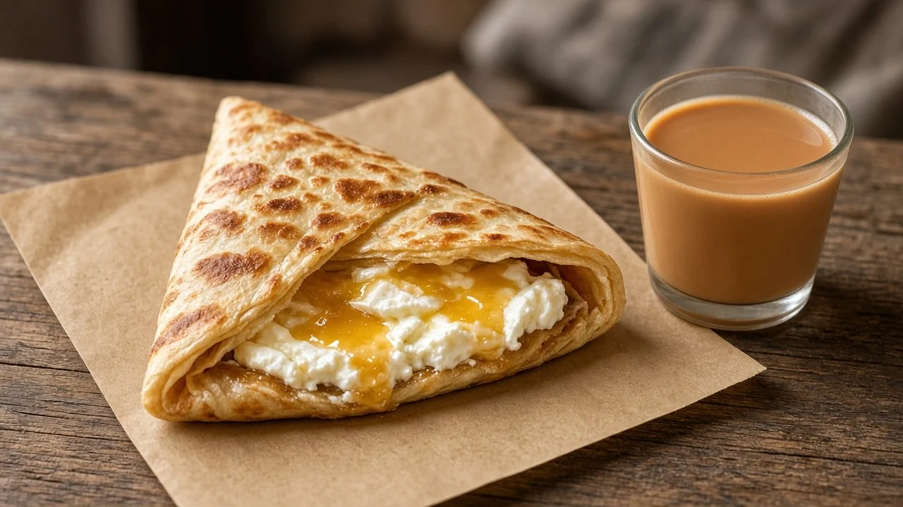 クリームチーズとはちみつを包んで折ったラカールと、カラク茶