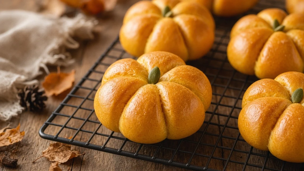 たこ糸の筋とかぼちゃの種で、小さなかぼちゃの形に焼き上げたパン