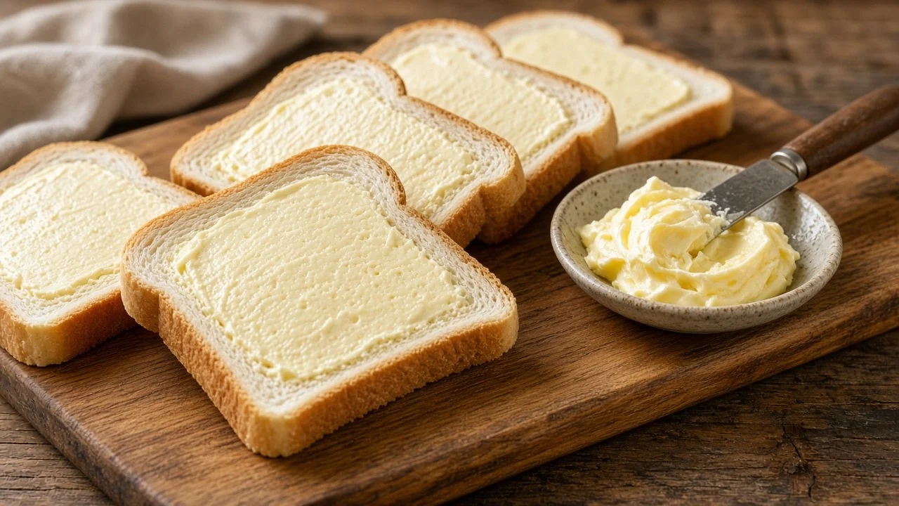 食パンの端まで薄くバターを塗り、具の水を受け止める油脂の膜を作る