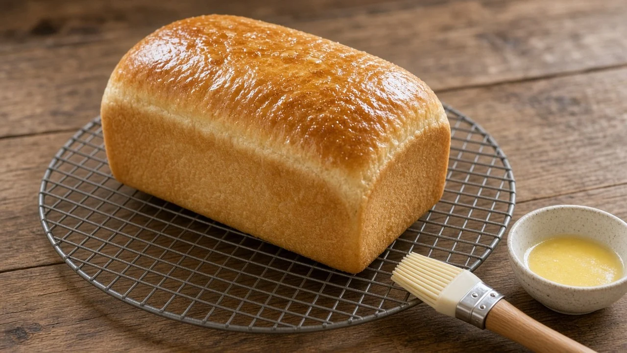 型から出したばかりの食パンを網にのせ、上面に溶かしバターを薄く塗ったところ。脇に刷毛と小さな器