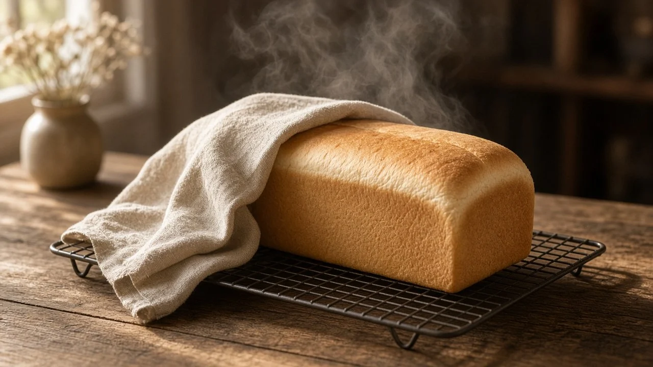 網の上で冷ましている食パンに、布巾を半分かぶせたところ。かすかに湯気が立っている