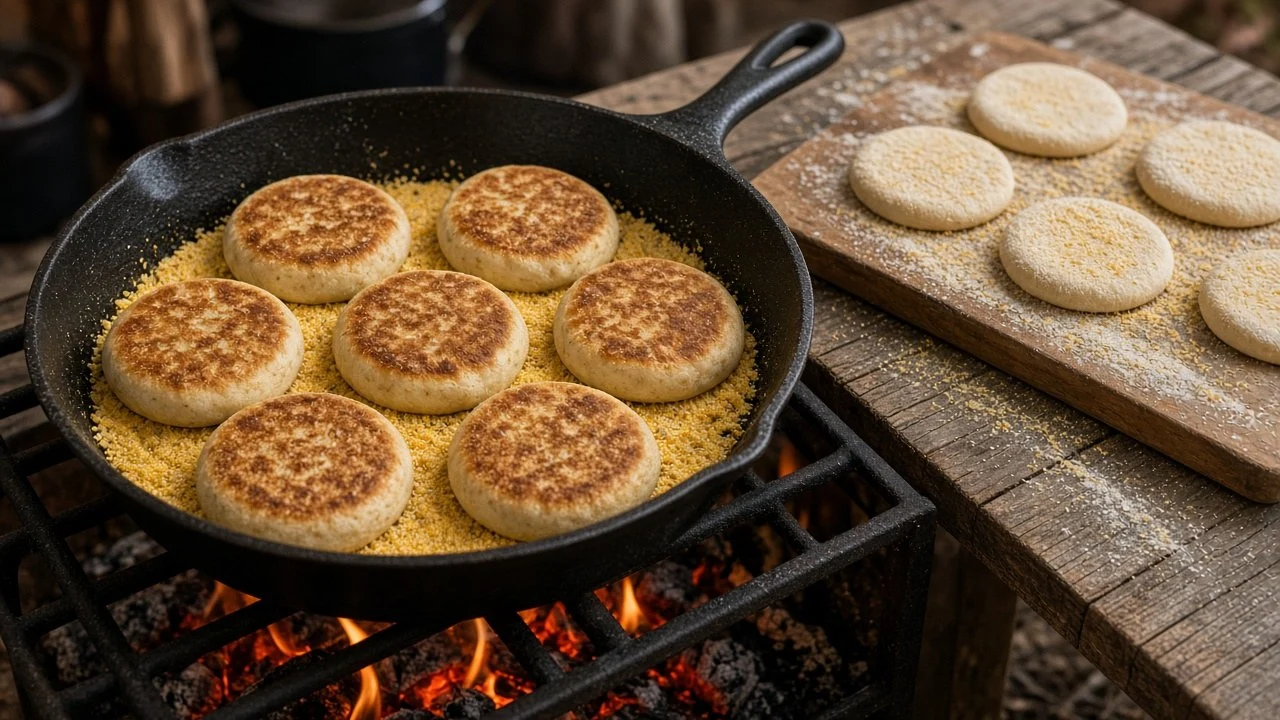焚き火にかけたスキレットで、両面を焼いているイングリッシュマフィン