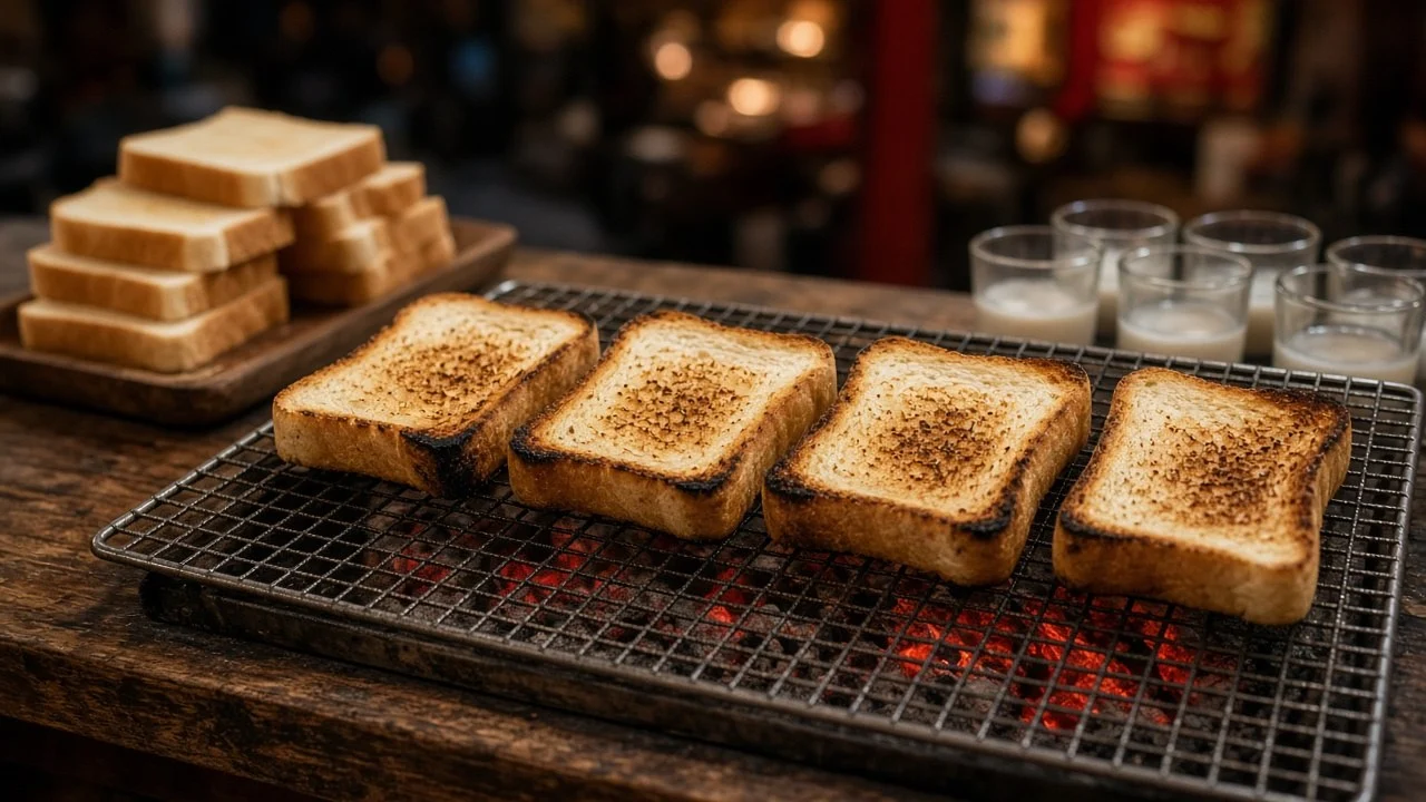 ヤワラートの夜の屋台で、厚切りの食パンを炭火の網で焼いている