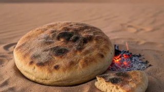 ニジェールのタゲラ（Taguella）。砂のくぼみで熾火と灰に埋めて焼いた厚い円盤のパン（イメージ）